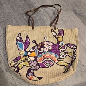 Vera Bradley Seashore Plum Crazy Crab Woven Straw Beach Tote Appliqué Large